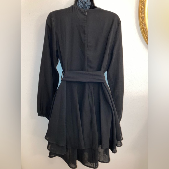 NEW Formal Black Bow Faux Wrap Long Sleeve Sexy Fit Flare Spring Cocktail Dress - Picture 12 of 17